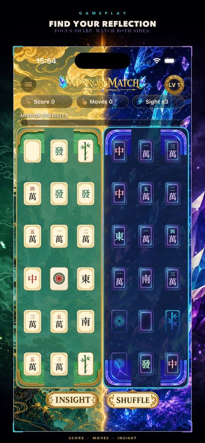Mirror Mahjong Match gameplay — matching tiles across both worlds
